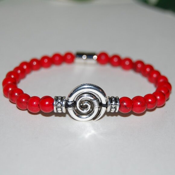 Spiral Bracelet,Red Howlite Bracelet,Red Spiral Bracelet,Magnetic Closure - Picture 2 of 2